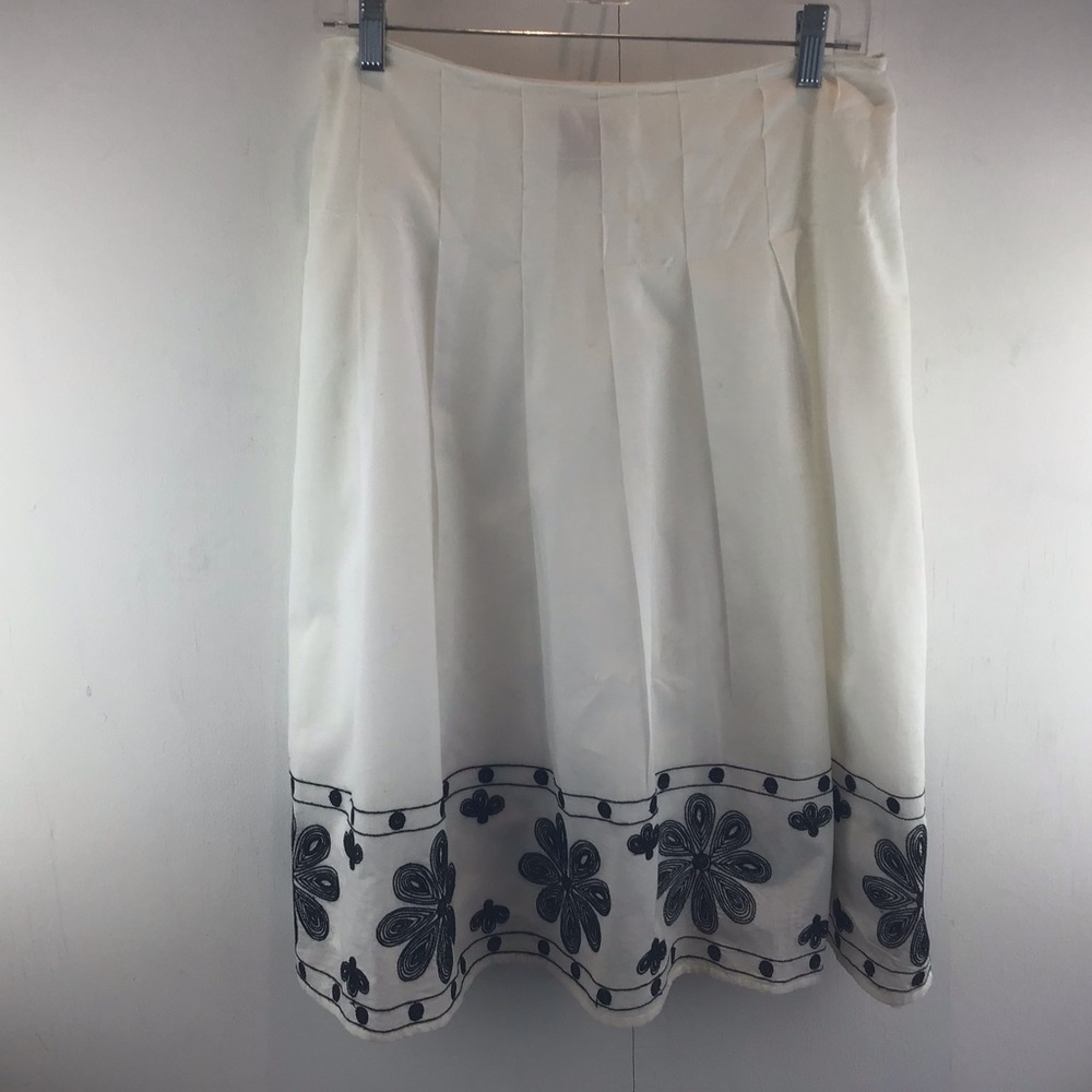 Pleated white cotton drop waist lined embroidered hem Sunny Leigh midi skirt Sz8